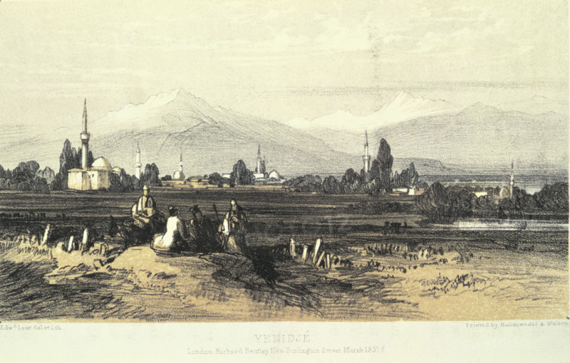 Yenidjé, 1851. View of Yianitsa (Giannitsa), formerly an Ottoman city, famous for its tobacco, in what is now  Central Macedonia, northern Greece. From "Journals of a Landscape Painter in Albania, Illyria, etc" by Edward Lear.