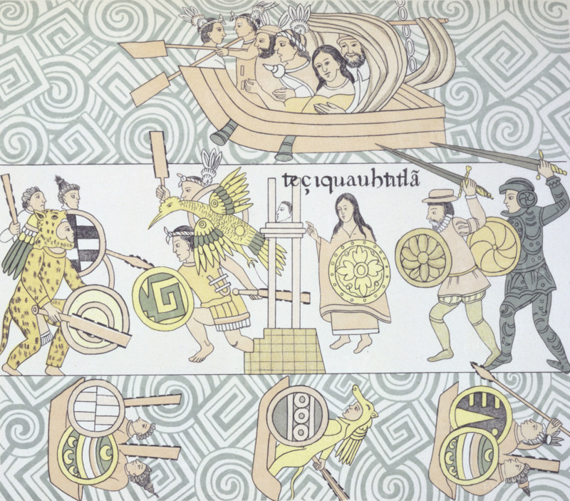 The Spanish, with their allies, fighting the Aztecs 1892. From "Homenaje á Cristóbal Colón: Antigüedades Mexicanas publicadas por la Junta Colombina, etc" (Homage to Christopher Columbus) by Alfredo Chavero. (Mexico, 1892).