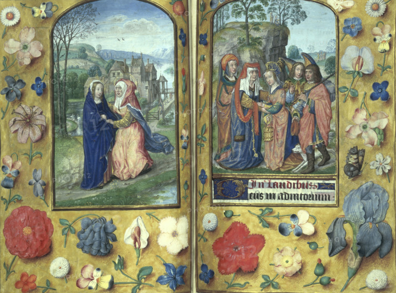 The Visitation, and Tobias and his wife Sara being welcomed by Anna, late 15th-16th century. Biblical scenes. Left: the Visitation of the Blessed Virgin Mary refers to the visit of Mary, who was pregnant with Jesus, to Elizabeth, who was pregnant with John the Baptist. Right: Anna, Tobias' mother, embracing Sarah. The archangel Raphael is dressed in gold brocade, and Tobias carries a bundle on his shoulder. Border of flowers and insects. From Hours of the Virgin.