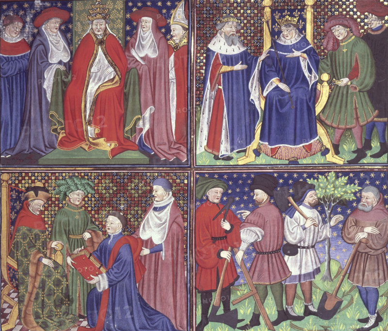 Pope enthroned, King of France enthroned, the Duc de Berry, a group of labourers, c1450. In four compartments: a Pope wearing the papal tiara; a king of France enthroned; Jean, Duc de Berry, receiving the book from the translator Laurent de Premierfait; and a group of labourers with compasses, adze, axe, and spade. From "Jehan Boccace des cas des nobles homes et femmes" ("De casibus virorum illustrium (Des cas des ruynes des nobles hommes et fammes)".