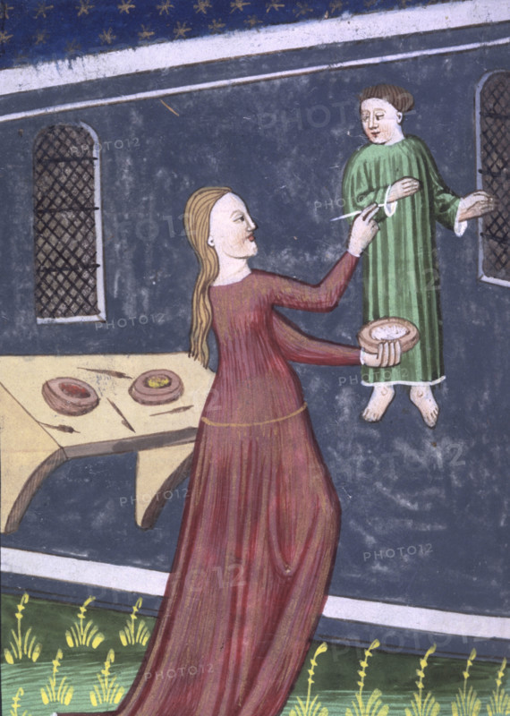 Irene, daughter of Cratinus, painting a picture, early 15th century. From "De Claris Mulieribus" (Concerning Famous Women), the first collection devoted exclusively to biographies of women in post-ancient Western literature.