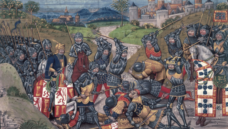 The King of Portugal fighting at the Battle of Aljubarrota, 1385, (15th century). Portuguese and Castilian knights are fighting with spears. In this significant battle, the forces of King John I of Portugal defeated those of King John I of Castile, securing independence for the Portuguese kingdom. From "Chronique d' Angleterre" (Volume III).