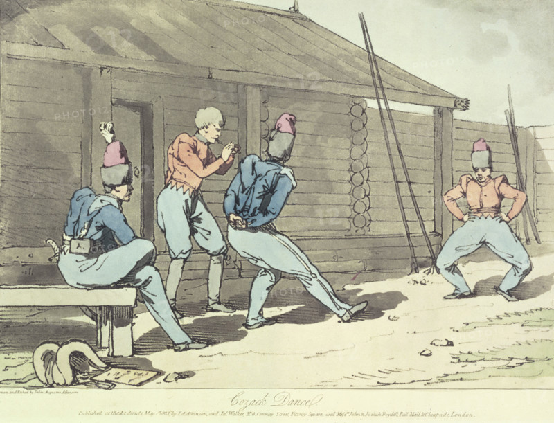 Cozack Dance, 1812. Cossacks dancing.  From "A Picturesque Representation of the Manners, Customs, and Amusements of the Russians, in one hundred coloured plates, with an accurate explanation of each plate, in English and French" by John Augustus Atkinson and James Walker. (London, 1812).