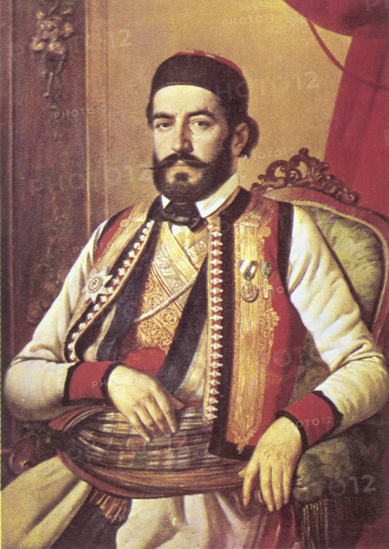 Nyegosh in 1847, (1951). Peter II Petrovich Nyegosh was a Serbian poet, bishop, philosopher and statesman from the province of Montenegro. He ruled the province between 1830 and 1851. 20th-century reproduction of a portrait by Johann Böss?