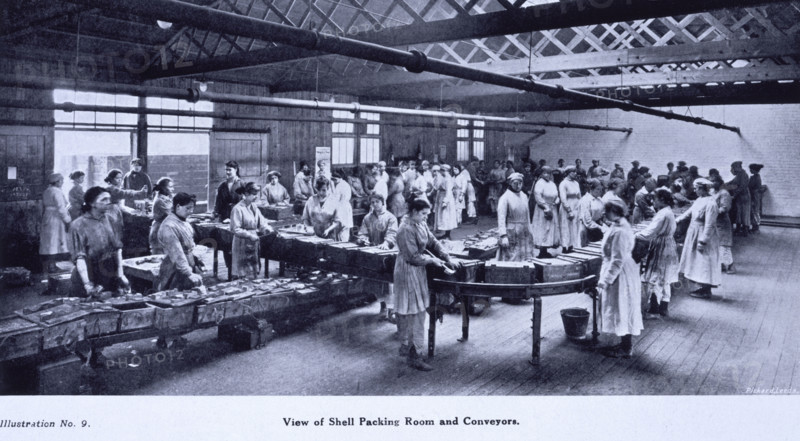 Shell packing room and conveyors, Leeds, 1919. From "The story of Barnbow" by R.H. Gummer, Chief Engineer, detailing the history and war work of the No. 1 National Filling Factory in Leeds, which was built in 1915 during the First World War, and employed many women to fill shells with high explosives. An explosion in 1916 killed 35 women outright, maiming and injuring dozens more.