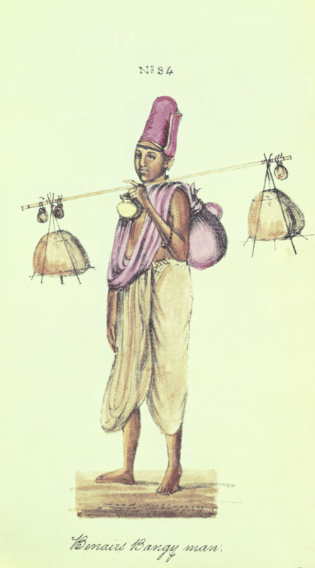 Benairs Bangy man, 1837. Indian man (from Benares?) A bangy was a yoke carried on the shoulders for transporting goods. From "A Digest of the different Castes of India with accounts of them" by Venkata Ramasvani.