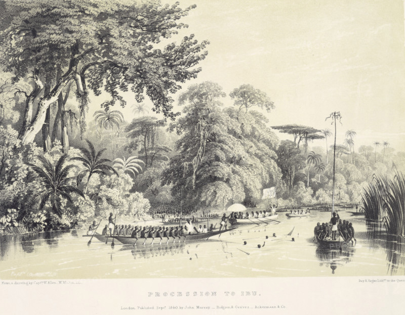 Procession to Ibu, 1840. West African expedition. A canoe appears to have sunk - men are seen in the water. Europeans sit under the white umbrella in the centre, with a union jack and a drummer in the prow. From "Picturesque Views on the River Niger, sketched during Lander's Last Visit in 1832-33" by Captain William Allen, R.N. and John Lander.