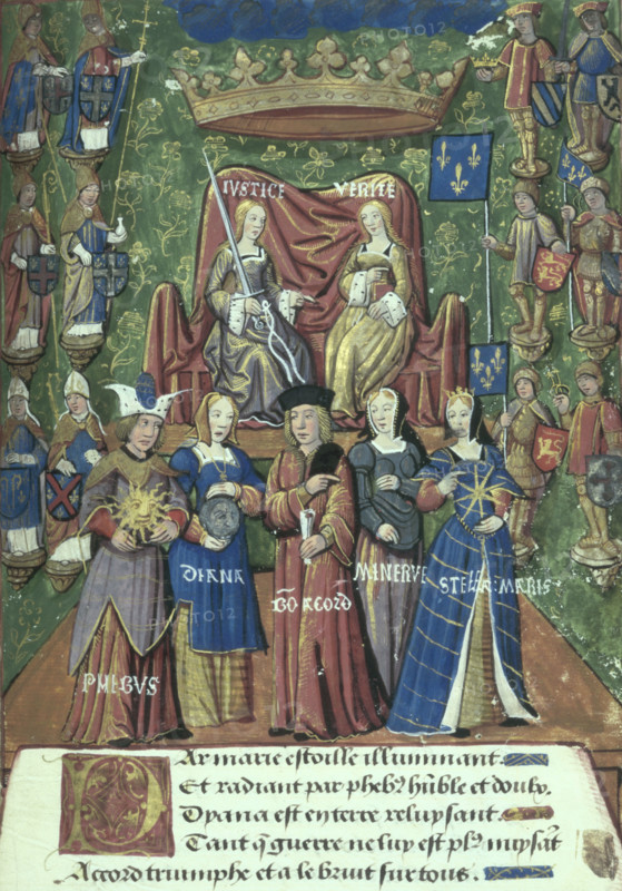Pageant at the Châtelet, 1514. Spectacle staged for the royal entry of Mary Tudor into Paris. Justice and Truth descending from heaven, attended by classical and symbolic figures. On the left, the sun god Phoebus, representing the King, gives light to Diana the moon goddess, representing France. Other figures include 'Minerve' (the goddess Minerva), and 'Stella Maris' (Our Lady, Star of the Sea - ie the Virgin Mary). From Pageants for the marriage of Mary Tudor, sister of Henry VIII, to Louis XII of France.