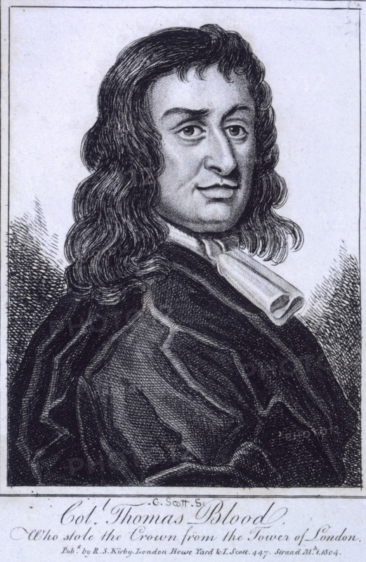Colonel Thomas Blood, Who stole the Crown from the Tower of London, 1813. Blood (c1618-1680) was an Irish adventurer. He first plotted to seize Dublin Castle, then after that plot was discovered, he broke into the Tower of London in 1671, with three accomplices and they stole the crown and orb. He was captured but later pardoned by Charles II. From "Portraits, Memoirs, and Characters, of Remarkable Persons, from the Revolution in 1688 to the End of the Reign of George II; Collected from the Most Authentic Accounts Extant by James Caulfield".
