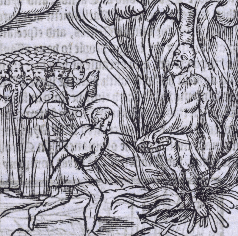 The burning of George Wishart, 1546 (1577). Scottish religious reformer Wishart (1513-1546) is burned at the stake for preaching the Reformation doctrine. A man adds fuel to the fire, others watch and pray. From "...The description and chronicles of Scotland, ... till the yeare 1571" by Raphael Holinshed (London, 1577).