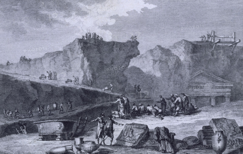 Excavation work at Herculaneum, Italy, 1781. Archaeological dig at the buried Roman city. From "Voyage pittoresque ou description des royaumes de Naples et de Sicile" by Jean Claude Richard Saint-Non.