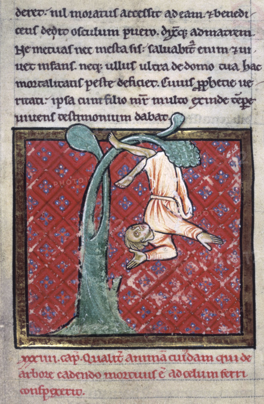 The soul of a man falls from a tree, 4th quarter of the 12th century. Detail of a miniature of St Cuthbert's vision of the soul of a man, who was killed by falling from a tree, being carried to heaven, from Bede's prose "Life of St Cuthbert".