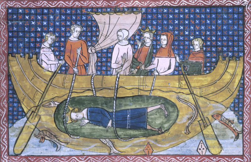 Alexander the Great lowered into the sea in a glass bell, 1350. It is said that Alexander was lowered into the sea in a sealed cask because he wanted to see the seabed. From "La Vraie Hystoire du Bon Roy Alixandre".