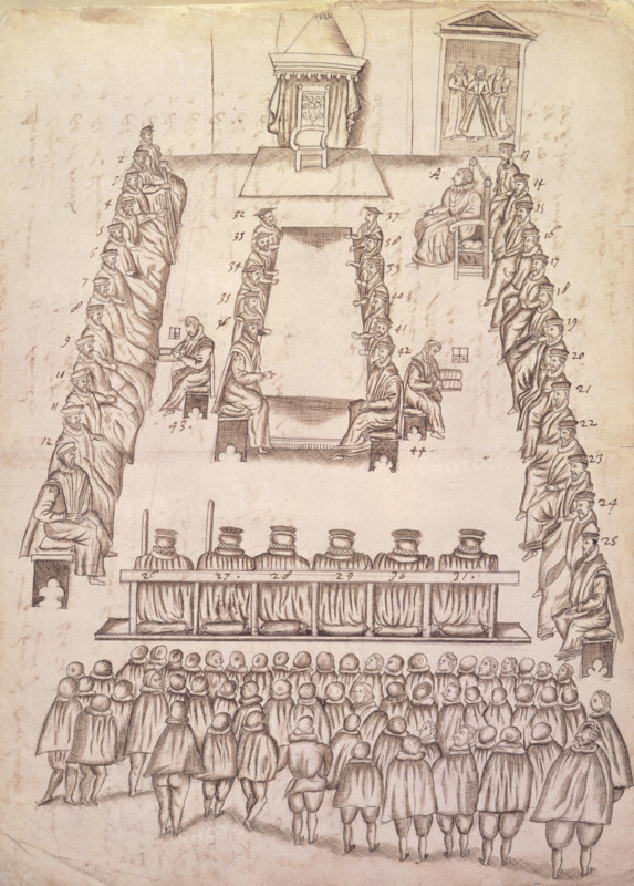 Trial of Mary, Queen of Scots in the Great Chamber at Fotheringhay Castle, 14-15 Oct 1586. Mary's cousin, Elizabeth I, was sympathetic to her plight when she was forced to flee to England in 1567. However, as a Catholic with a claim to the English throne, Mary was a focus for plots, and she was confined to prison. Eventually she was brought to trial for complicity in a conspiracy, and executed at Fotheringhay Castle, Northamptonshire. Robert Beale was an official of Queen Elizabeth's council who carried the death warrant for Mary to Fotheringhay. His papers include sketches of the trial and execution of Mary. This sketch shows Mary entering the hall. From Papers and correspondance [sic] relating to Mary, Queen.