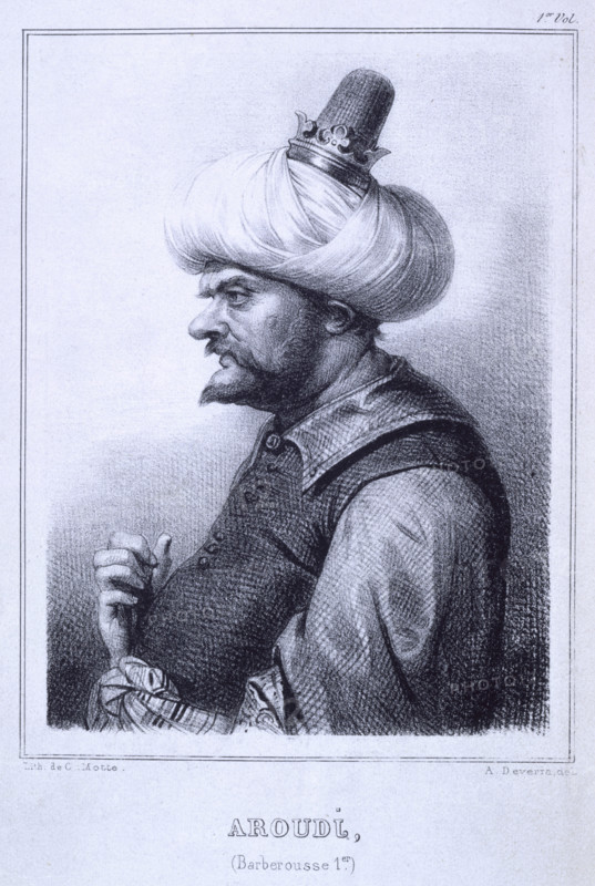 Aroudj, (Barberousse 1er), 1837. Barbarossa II, Bey of Algiers, Khair-ed-Din, (c1465-1546) also known as Aruj, or Oruç, Reis, was a Turkish pirate, privateer and later Admiral in Ottoman service who became known as Barbarossa - or Redbeard. From "Fondation de la Regence d'Algerie".