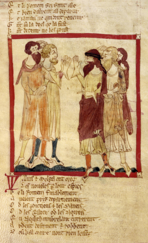 The departure of the Romans, 14th century. The scene as envisaged by a medieval artist. The Romans, who were clean-shaven, are depicted with beards. From Romances in French verse.