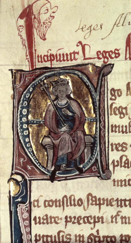 King Alfred the Great enthroned, 14th century. Portrait of Alfred within an illuminated Initial 'E'.