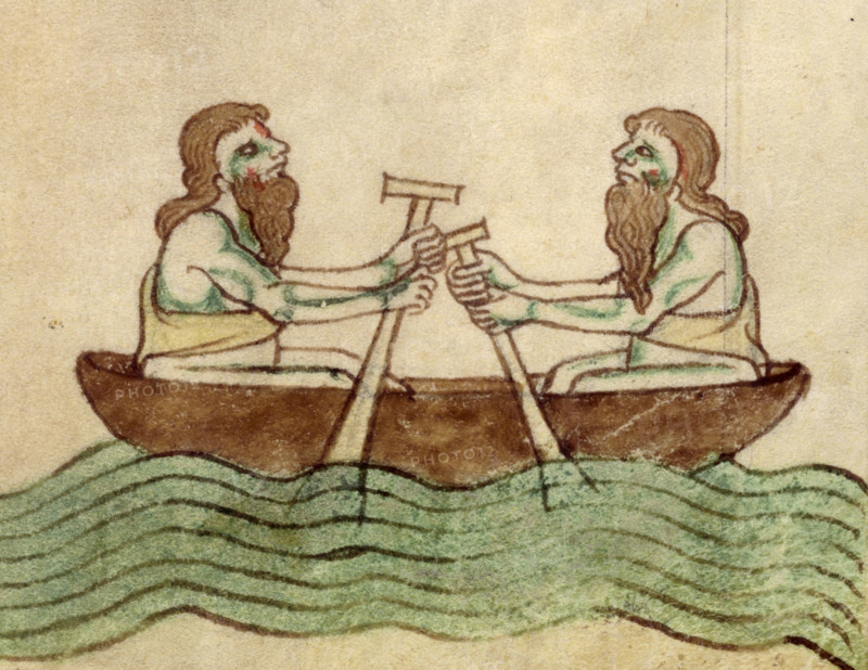 The men of Connaught in a coracle, after c1170. Two bearded Irishmen rowing a round skin boat. From the "Topography of Ireland" by Gerald of Wales, a work describing legends and curiosities. Gerald was a scholar and traveller, visiting the pope in Rome three times. He was one of the most lively and entertaining medieval Latin writers. The illustrations from the manuscript are perhaps derived from drawings by Gerald himself.