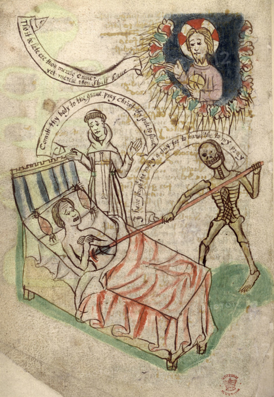 Man dying of the plague, 14th-15th century. A priest gives the last rites to a sufferer, as a smiling devil wounds him with a spear. God looks down from above. The Black Death, which arrived in 1348, killed about half of England's population of 5-6 million. Images of death pervade the art of post-plague England. Not only are images of mortality more frequent than before the plague, but they are more explicit in their dipiction of death and decay. This example is from an illustrated collection of English religious texts compled by a Carthusian monk in Yorkshire in the 15th century.