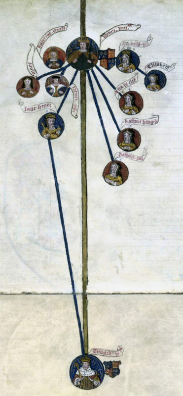 Family tree of King Henry VIII and his six wives, second half of the 16th century. The king is shown in the centre, with his son Edward VI joined by a thick line, and the wives and their other offspring shown connected to him with thinner lines. From a royal genealogy.