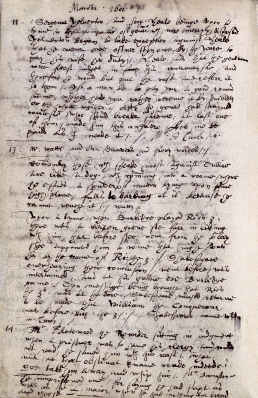 Page from the diary of John Manningham, 1602. Page describing a performance of Shakespeare's Twelfth Night at the Middle Temple in London. Manningham was a law student in London from 1598-1605, and his diaries give an entertaining portrait of the city during the late Elizabethan era.