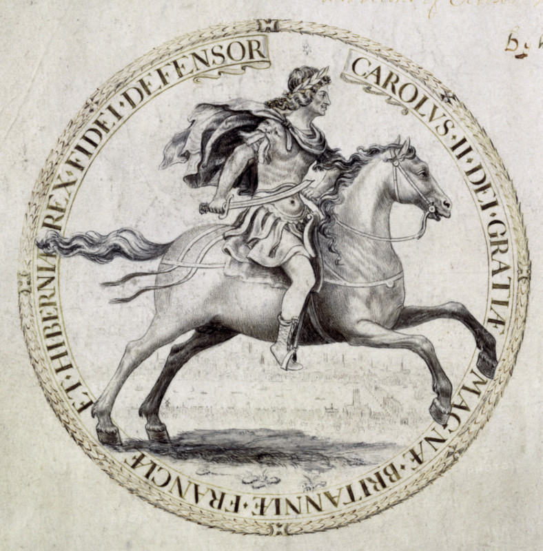 Royal seal of Charles II, 1662. Design for a great seal for the king, who is shown in a heroic pose astride a galloping horse, and dressed as a Roman emperor wearing a laurel wreath. The famous medallist and seal engraver Thomas Simon had produced coins and seals for Cromwell. After the Restoration, he was supplanted by a royalist, but petitioned Charles II for work. Charles was impressed, and Simon was eventually reinstated as the chief designer of coins and seals. This example is from a warrant authorising the making of the seal.