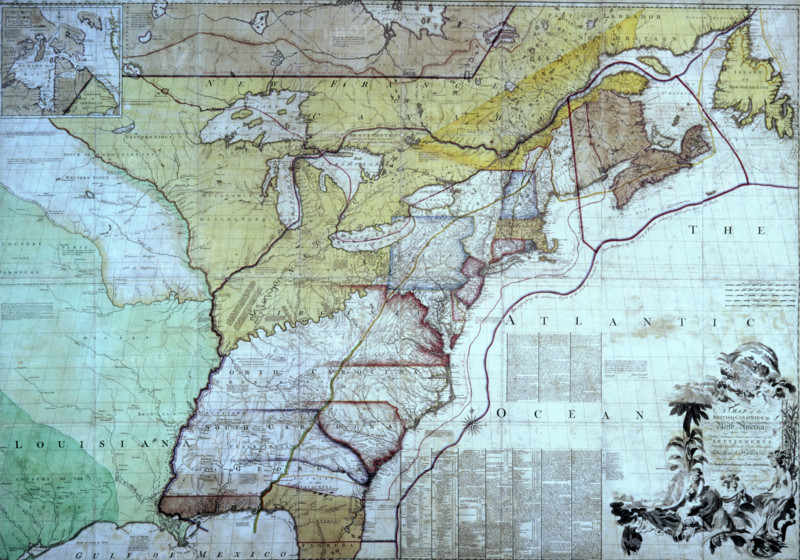 Map of the British Colonies in North America, c1770-c1783. This map is the one on which the British negotiators for peace with the Americans marked out their interpretation of the boundary between the United States and the provinces which later formed Canada. The new border was marked in red, so the map became known as the 'Red-lined map'. It was presented to George III to show him how the settlement worked on the ground. As the map was not included in the final treaty and as the printed map itself contained inaccuracies, further arbitration was later required. In full: 'Map of the British Colonies in North America with the Roads, Distances, Limits and Extent of the Settlements, Humbly Inscribed to the Right Honourable The Earl of Halifax And the Other Right Honourable The Lords commissioners for Trade & Plantations'. Colonial American physician and botanist John Mitchell (1711-1768) created the most comprehensive and perhaps largest 18th-century map of eastern North America, known tod...
