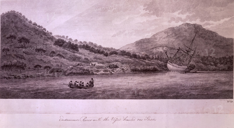 Endeavours River with the Vessel hauled on the Shore, 1770, (late 18th century). After leaving Botany Bay, Captain James Cook's ship the Endeavour ran aground on the Great Barrier Reef, and he was forced to stop in the Endeavour River to effect repairs. The expedition artist, Sydney Parkinson, drew this view which is the first know depiction of Australia's landscape. A settlement, (now Cooktown, Queensland), was established near this site.