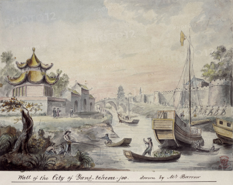 Wall of the City of Yang-teheou-foo, drawn by Mr. Barrow, 1793. This view of a Chinese walled city and boats was made during a mission to Peking, by Sir John Barrow. In 1793, George Macartney, 1st Viscount Macartney, travelled to Peking as ambassador of King George III, the first formal diplomatic contact between the two most powerful empires in the world at that time. Barrow was comptroller of Macartney's household during the trip to China and afterwards Secretary to the Admiralty.