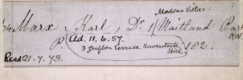 Record of Karl Marx's ticket for the reading room of the British Museum, 1857. Much of Marx's research was done in the London's British Museum, where a new reading room providing access to a considerably enlarged library was opened in 1857.