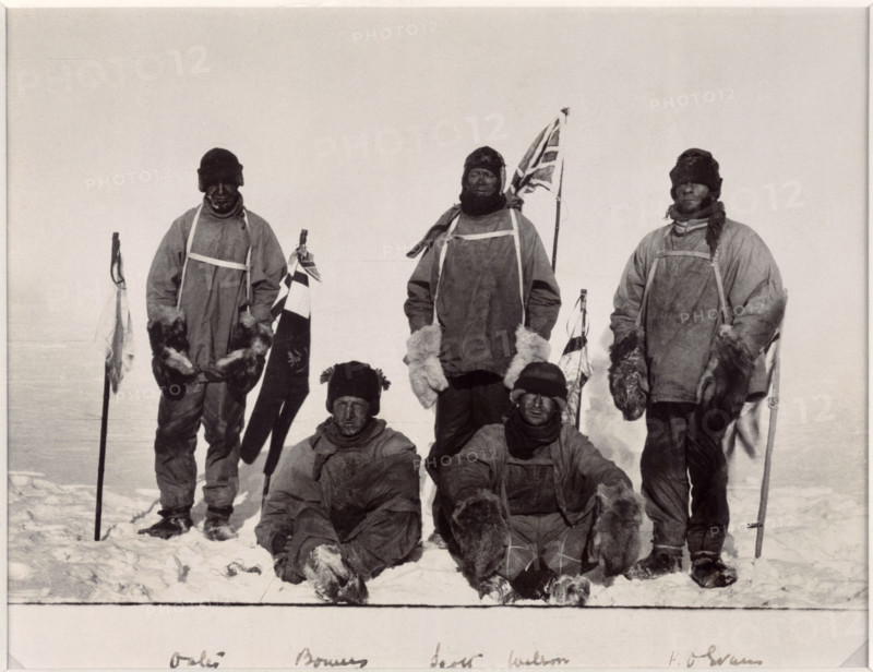 Members of Scott's expedition to the South Pole, 1912. From left to right, Captain Lawrence Oates, Lieutenant Henry Bowers, Robert Falcon Scott, Edward Wilson, and Petty Officer Edgar Evans. Scott and his team reached the South Pole on 18 January 1912, only to find that Amundsen had got there 35 days earlier. All died on the return journey; this is one of the photographs retrieved from Scott's tent after his death.