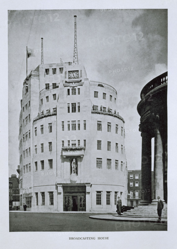 BBC Broadcasting House, London, 1930s. Broadcasting House, situated just north of Oxford Street, was designed by G Val Myer and opened in 1932. It contained 22 studios, including a concert hall, a hall for public debates and special studios for religious services, dance music, military music and vaudeville programmes.