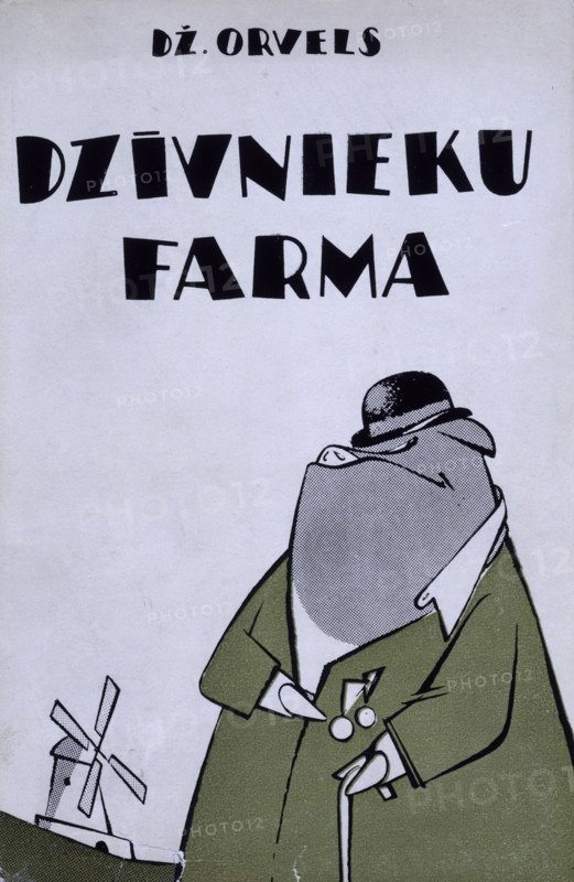 Cover of a Latvian translation of George Orwell's "Animal Farm", 1954. Orwell's anti-totalitarian books, "Animal Farm" and "Nineteen-Eighty-Four", were hugely influential among dissident movements in the Soviet bloc during the Cold War.Translations such as this were passed around in unofficial typed or handwritten copies, even though the penalty for their possession could be a prison sentence.