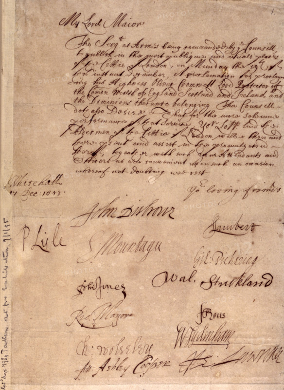 Order proclaiming Oliver Cromwell as Protector of England, 1653. After the victory of parliament in the Civil War, Oliver Cromwell took a leading part in the trial and execution of Charles I. However, increasing conflicts between the army and parliament over the issue of the future shape of the constitution convinced Cromwell that he should assume supreme power, but with the title of Protector, rather than as King. This is the order of the council of state, an executive body set up after Charles's execution, for the proclamation of 'His Highness Oliver Cromwell' as Lord Protector.