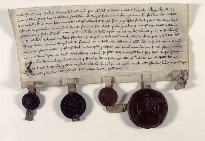 Copy of letters confirming the truce between Henry III of England and Louis IX of France, 1258. The claim of Henry III to the French lands lost by his father John and his position as Duke of Aquitaine made for constant tensions with the French King during the first part of his reign. In 1258, Simon de Montfort, Earl of Leicester, and four other envoys negotiated a truce between Henry III and the French ruler Louis IX. The large seal on the right is de Montfort's. The truce enabled de Montfort and his baronial allies to pursue their agenda of increasing their power at the expense of that of the King.