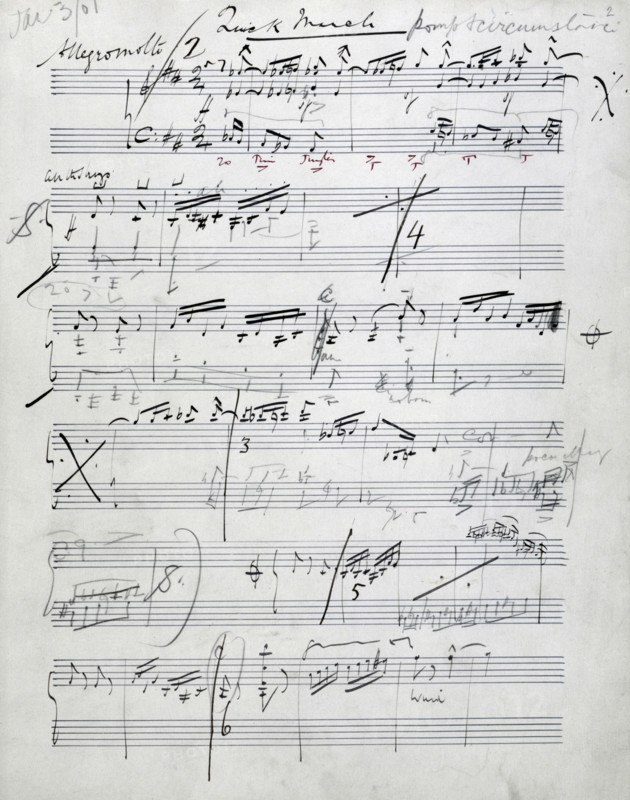 Elgar's sketch of his 'Pomp and Circumstance March no 1', 1901. Elgar was a self-taught composer who first achieved fame with his 'Enigma Variations'. He wrote his 'Pomp and Circumstance Marches' a few days before the death of Queen Victoria, presumably with an eye to the imminent ceremonies for the accession of Edward VII. In July 1902, a version of the trio section of this march was performed at Covent Garden with words by Arthur Christopher Benson, an archbishop's son and house master at Eton, as a Coronation Ode.
