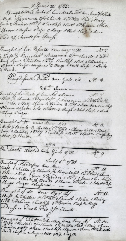 List of purchases of slaves by the ship Mangovo George, West Africa, 1785. In 1785, the tiny Liverpool ship Mangovo George, took a cargo of about 1800 items, such as cotton and chintz fabric, guns and gunpowder, swords and cutlasses, silver spoons and brandy, to the west coast of Africa, then sailed down the coast, exchanging these goods for enslaved people. Much of the wealth of 18th century Britain was based on this trade, but public opinion turned increasingly against it, leading to the outlawing in 1807 of slave transportation on British ships and of their import into British colonies. 'Bought of the Duke of Cumberland one boy...'.