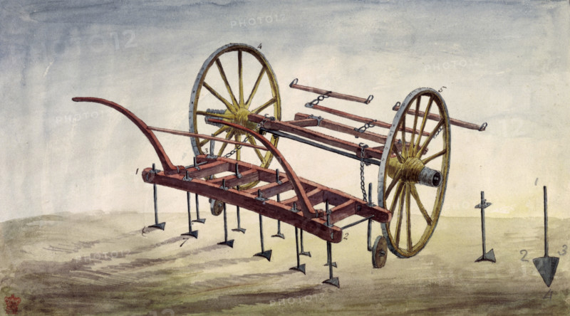 'Earth Scuffer', agricultural machine, (c1770-c1820?). This machine, invented by a British farmer called Ducket, exemplified the more scientific approach to farming which developed after the invention in 1714 by Jethro Tull of the horse drawn hoe. The image is taken from the unpublished manuscript of "Elements and Practice of Agriculture" by the influential agricultural writer Arthur Young.