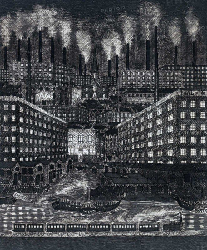Industrial landscape drawn by Chartist leader Ernest Jones, c1848-c1850. Ernest Jones was one of the leaders of the Chartist movement, which sought to achieve universal suffrage and radical social reform in the middle of the 19th century. Jones was imprisoned from 1848 to 1850 for making seditious speeches, and this drawing was made by him while he was in prison, using paper and ink saved from his allowance for writing letters home. Its depiction of a gloomy, nightmarish urban and industrial landscape reflects the movement's abhorrence of the cramped, polluted towns which arose as a consequence of the Industrial Revolution.