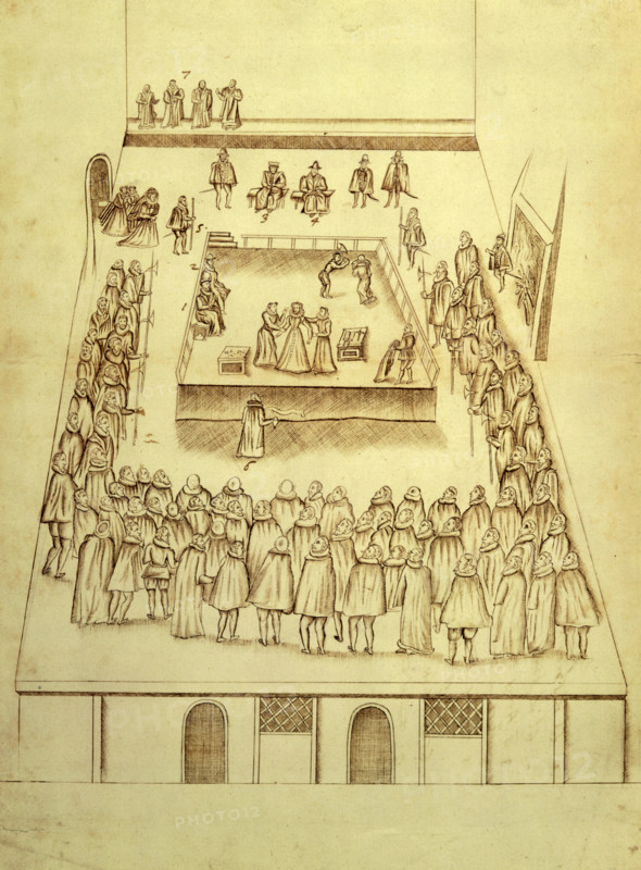 The execution of Mary, Queen of Scots, 1587. Mary's cousin, Elizabeth I, was sympathetic to her plight when she was forced to flee to England in 1567. However, as a Catholic with a claim to the English throne, Mary was a focus for plots, and she was confined to prison. Eventually she was brought to trial for complicity in a conspiracy, and executed at Fotheringhay Castle, Northamptonshire. Robert Beale was an official of Queen Elizabeth's council who carried the death warrant for Mary to Fotheringhay. His papers include sketches of the trial and execution of Mary. This sketch shows Mary attended by her women on the scaffold, and then with her head on the chopping block as the executioner raises his axe.