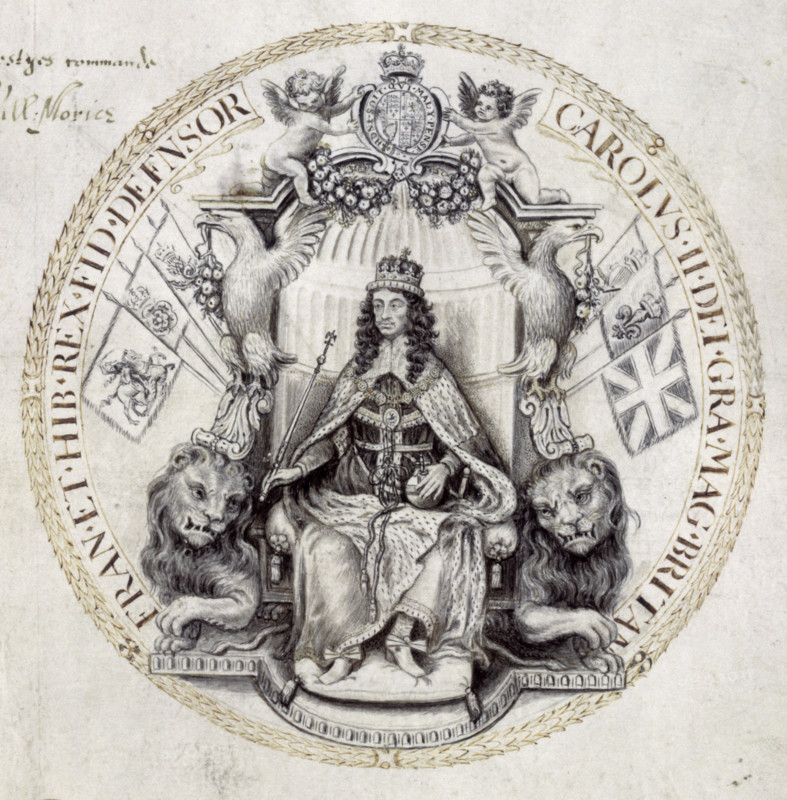 Design for a great seal for King Charles II, 1662. The famous English medallist and seal engraver Thomas Simon had produced coins and seals for Oliver Cromwell. After the Restoration, he was supplanted by a royalist, but petitioned Charles II for work. Charles was impressed, and Simon was eventually reinstated as the chief designer of coins and seals. The reasons for Charles's enthusiasm are apparent from this superb design for a great seal for the king included in this warrant of 1662 authorising the making of the seal.
