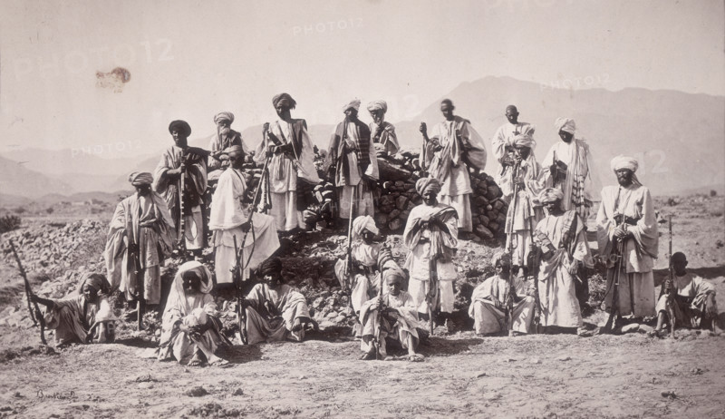 Afreedie Picket near Jamrood, Northwest Frontier Province, (now Pakistan), 1878. Jamrud is located at the entrance to the Khyber Pass, about 10 miles (17 km) from Peshawar. The Afridi tribe traditionally exercised the right of toll in the Khyber so during the 2nd Afghan War they harassed British communications in the pass until a force was sent to traverse their country. After suffering serious losses, the tribesmen made their submission. Several Afridi clans, such as the Zakha Khel, were also paid subsidies to cease their raiding.