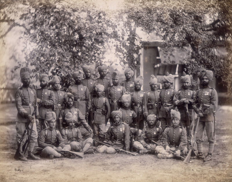Group of infantry, Queen's Own Corps of Guides, c1880. The Corps of Guides was a regiment of the British Indian Army, made up of British and Indian officers, plus Indian cavalry sowars and infantry sepoys, primarily intended for service on the North West Frontier. The regiment served in the second Afghan War, before returning to India.