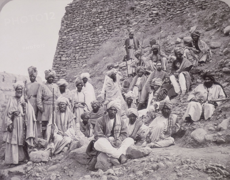 Khyber chiefs and khans with Captain Tucker, Political Officer in Jamrood Fort, Northwest Frontier Province, 1878. British official with locals during the Second Afghan War; the fort is in what is now Pakistan.