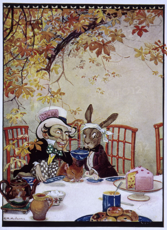 The March Hare and the Mad Hatter having tea, Alice's Adventures in Wonderland, 1922.