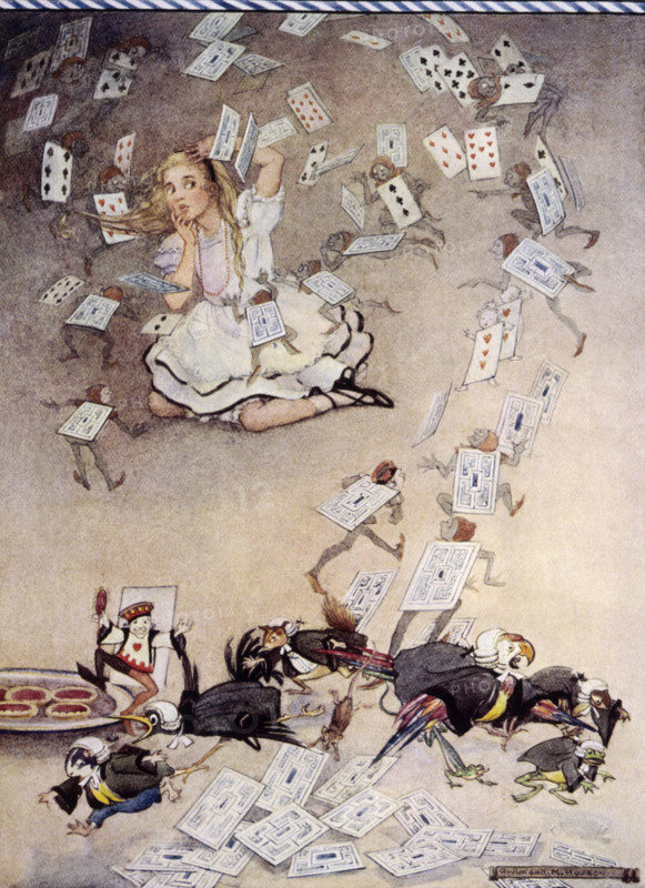 Pack of cards falling on Alice, Alice's Adventures in Wonderland, 1922.