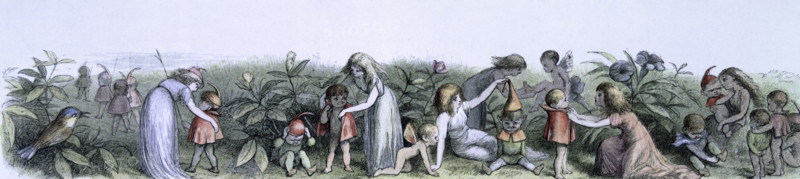 'Water lilies and water fairies of the period', c1869-c1870. An assortment of fairies, nymphs and elves getting dressed. From "In Fairy land. A series of pictures from the elf-world by Richard Doyle. With a poem by W Allingham." (London, 1869-1870).