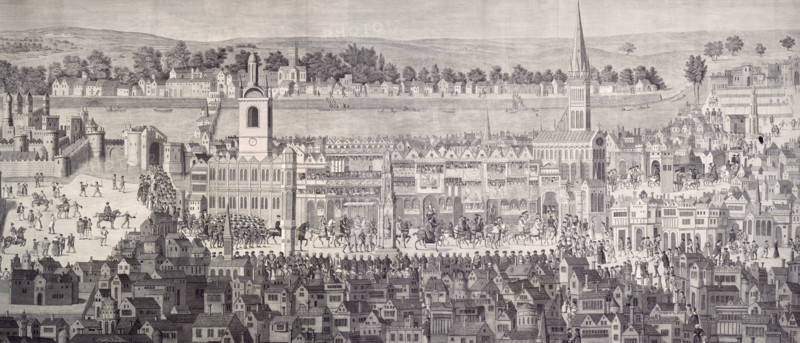 The procession of King Edward VI. from the Tower of London to Westminster, February 19, 1547, previous to his coronation, (1787). The long procession makes its way from the Tower, which is on the far left and surrounded by water, to Westminster Abbey. The procession is made up of dignitaries, soldiers and members of the court. Banners have been hung from the main building in the centre of the picture, in celebration. Officials line the procession path, and people make their way through the narrow streets to watch the event. Edward was crowned king in 1547 at the age of ten. From a coeval painting at Cowdry.