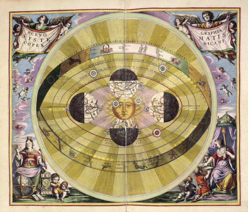 Scenographia Systematis Copernicani, c1660. Chart illustrating a heliocentric model of the universe proposed by Copernicus. At the very centre of the map are four sections of the Earth, and the Sun. Circling them is a band depicting the signs of the zodiac. On either side are cherubs and clouds. In the bottom left Justice, wearing a crown and blindfold, sits with a globe at her feet, and a child pointing to a compass. In the bottom right a child reads from a book, while another holds a book open for Truth, holding a torch.