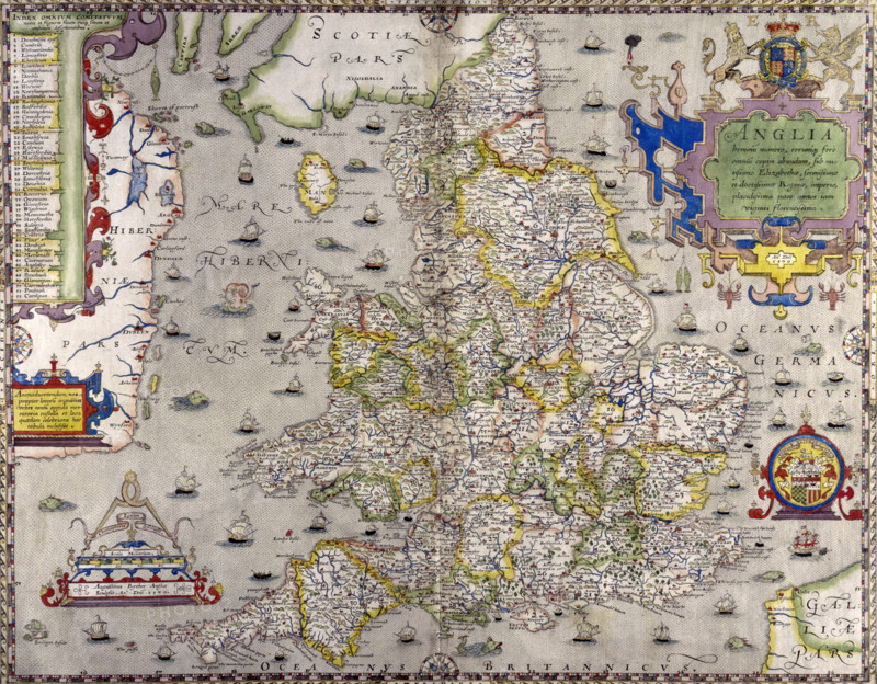 A map of England and Wales, 1583. The various main cities and towns have been numbered and listed on the left. The eastern coastline of Ireland (Hiberniæ), and the main towns along it have been highlighted. In the bottom right corner is part of the French coast. The surrounding waters are filled with boats of all sizes, sea monsters, fish, and even a mermaid with Neptune (to the left of Holyhead).